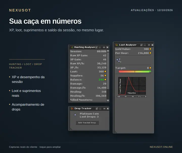 Hunting Analyzer, Loot Analyzer e Drop Tracker em uma sessão real do cliente Windows. Painéis apresentados lado a lado para facilitar a leitura; as ferramentas também estão disponíveis no web e no Android.