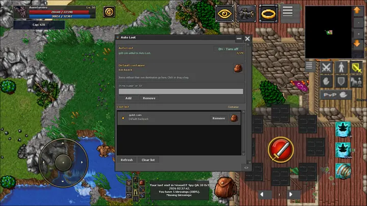 Auto Loot no cliente mobile: seleção de itens e configuração da coleta.