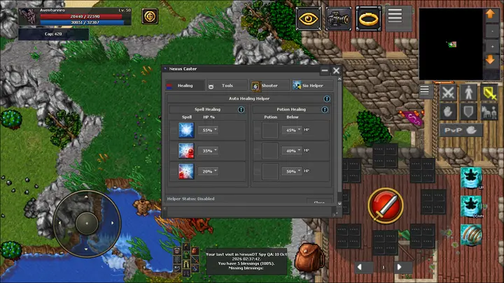 Nexus Caster no mobile: configuração da cura por spells e potions.