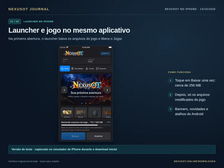Launcher do NexusOT no iPhone baixando os arquivos do jogo na primeira abertura. Capturado no simulador de iPhone durante o teste da versão de teste.