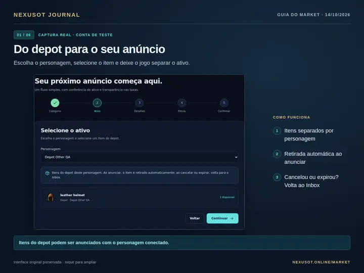 Seleção de itens do depot por personagem. O jogo retira o item automaticamente e devolve ao Inbox ao cancelar ou expirar. Interface real em ambiente de teste; personagem e item ilustrativos.